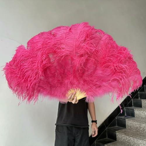 großer Straußventilator, Handfächer aus Straußenfedern, 100 cm/130 cm, Mehrfarbig, 2 Stück, Requisiten for Tanzaufführungen(Watermelon Red,100CM 1PCS Left Hand) von NIUSABOU