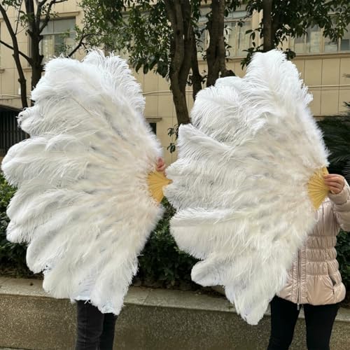großer Straußventilator, Handfächer aus Straußenfedern, 100 cm/130 cm, Mehrfarbig, 2 Stück, Requisiten for Tanzaufführungen(White,100CM 1PCS Left Hand) von NIUSABOU