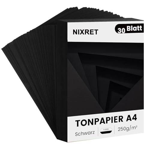 NIXRET 30 x Tonpapier Schwarz A4 250g - Schwarzes Tonpapier A4 - Bastelpapier Schwarz - Tonzeichenpapier A4 Schwarz zum Basteln & Malen & Drucken von NIXRET