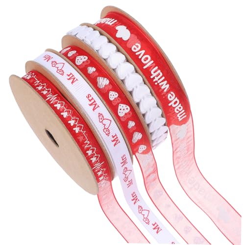 NIYANGLE 5 Rollen Valentinstags Geschenkband Liebevolle für Geschenkverpackung und Bastelprojekte Organza Ripsband für Hochzeiten Partys und Romantische Anlässe von NIYANGLE