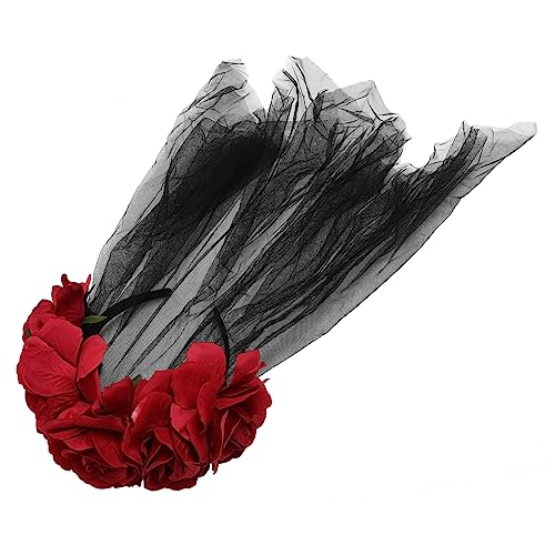 NIYANGLE Schleierkopf Hoop Gothic Halloween Spitze Mädchen Maskerade Festival haarschmuck Schleierstirnband Rosenschleier Karnevalsdeko Schleier Partyschleier Schleier mit Rosendekor rot von NIYANGLE