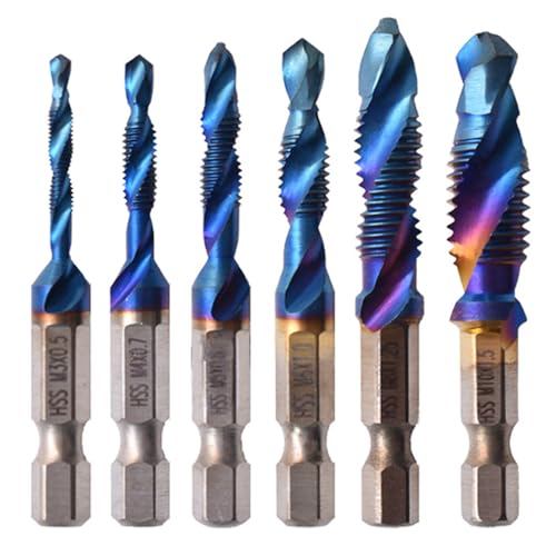 6-teiliges Bohrer- und Gewindebohrer-Set, Spiralnut-Gewindebohrer, Kombi-Bohrer, Gewindebohrer, Gewindebohrer-Set M3 M4 M5 M6 M8 M10 für verschiedene Gewindegrößen (blau-kurz) von NIYATA