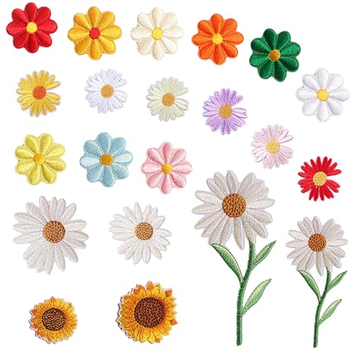 NIYATA Gänseblümchen-Aufnäher zum Aufbügeln, bestickte Gänseblümchen-Aufnäher für Kleidung, Sonnenblumen-Applikation für DIY-Dekoration auf Jacken, Jeans, Taschen und Schuhen, 21 Stück von NIYATA
