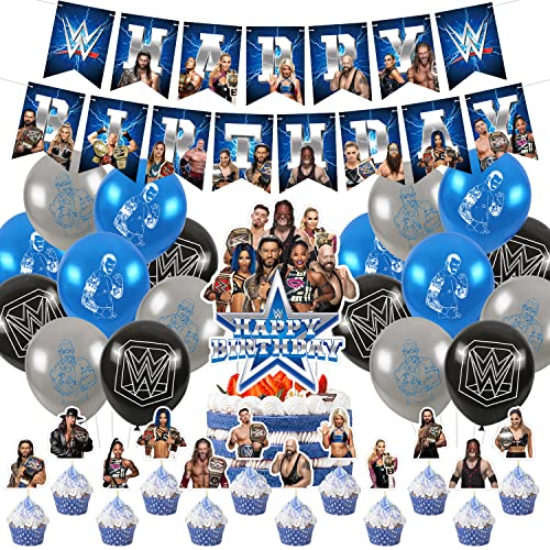 Wrestling Geburtstag Party Dekorationen Zubehör Set für Kinder mit Happy Birthday Banner, Kuchenaufsatz, Cupcake Topper, Luftballons für Party Dekorationen von NIYI