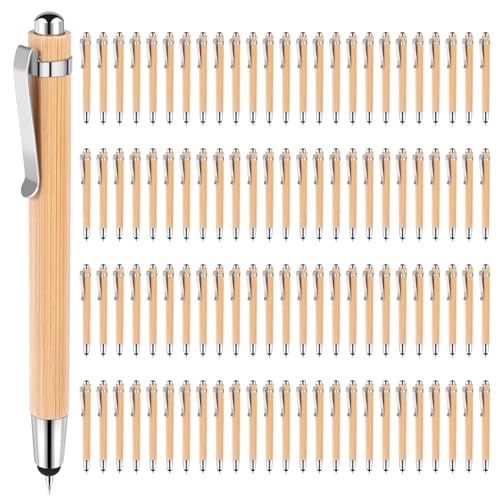 NIZEAMI 100 Stück Kugelschreiber mit Stylus-Spitzen für Touchscreens, einziehbarer Bambus-Kugelschreiber, 1,0 mm schwarze Tinte, Geschenkstifte zum Schreiben von Schul- und Bürobedarf von NIZEAMI
