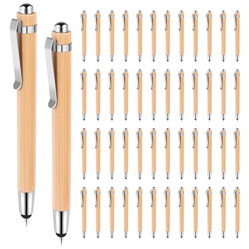 NIZEAMI Kugelschreiber Set, 50 Stück Bambus Kugelschreiber Schreibgerät mit Touchpen 2 in 1 Kapazitive Stylus Stifte für Universelle Touchscreen Geräte, Schwarze Tinte von NIZEAMI
