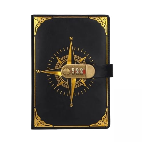 A5 Retro Passwort Buch mit Schloss Tagebuch Notebook Kreative Reisenden Kompass Hand Ledger Student Notizblock Schreibwaren Heimlich Hinweis Verschließbares Tagebuch(Black) von NJIEzhao