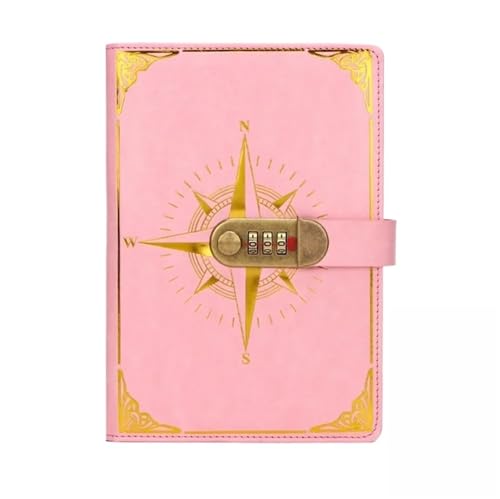 A5 Retro Passwort Buch mit Schloss Tagebuch Notebook Kreative Reisenden Kompass Hand Ledger Student Notizblock Schreibwaren Heimlich Hinweis Verschließbares Tagebuch(Pink) von NJIEzhao