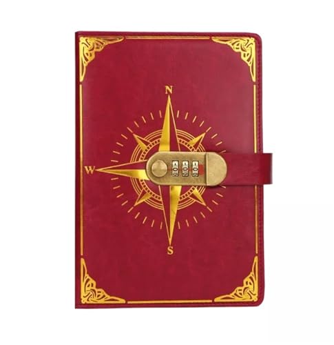 A5 Retro Passwort Buch mit Schloss Tagebuch Notebook Kreative Reisenden Kompass Hand Ledger Student Notizblock Schreibwaren Heimlich Hinweis Verschließbares Tagebuch(Wine) von NJIEzhao