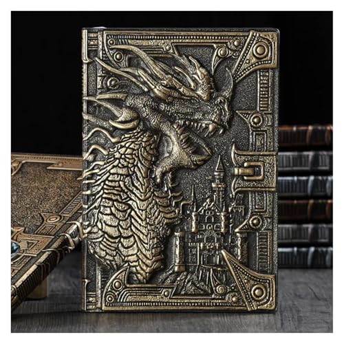 NJIEzhao 3D Dreidimensionales Drachen-A5-Notizbuch, Retro, verdicktes Pu-geprägtes Notizblock-Tagebuch, Bürobedarf Verschließbares Tagebuch(Antique Brass A) von NJIEzhao