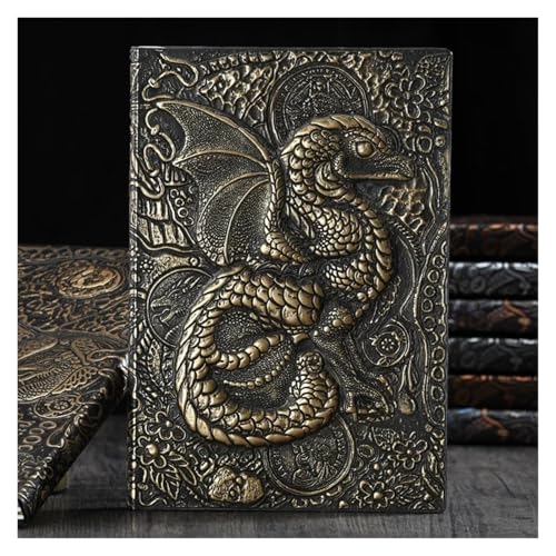 NJIEzhao 3D Dreidimensionales Drachen-A5-Notizbuch, Retro, verdicktes Pu-geprägtes Notizblock-Tagebuch, Bürobedarf Verschließbares Tagebuch(Antique Brass B) von NJIEzhao