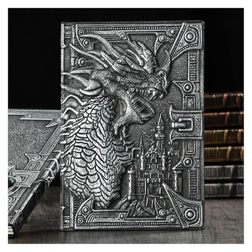 NJIEzhao 3D Dreidimensionales Drachen-A5-Notizbuch, Retro, verdicktes Pu-geprägtes Notizblock-Tagebuch, Bürobedarf Verschließbares Tagebuch(Silver A) von NJIEzhao