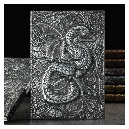 NJIEzhao 3D Dreidimensionales Drachen-A5-Notizbuch, Retro, verdicktes Pu-geprägtes Notizblock-Tagebuch, Bürobedarf Verschließbares Tagebuch(Silver B) von NJIEzhao
