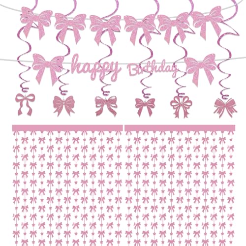 Rosa Schleife Party Dekorationen, inklusive Schleife Spirale Ornament und Folienfransenvorhänge, Booth Props Foto Hintergrund für Mädchen Bachelorette Hochzeit Party Dekorationen (Rosa Schleife) von NKM