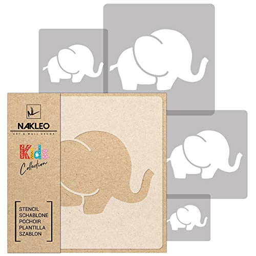 NAKLEO 5 Stück wiederverwendbare Kunststoffschablonen - Elefant Säugetier Tier - 34x34cm bis 9x9cm - Muster Kinder Kinderzimmer Malvorlage Raumdekoration - Basteln DIY Wand Möbel von NL NAKLEO Art & Wall Decor