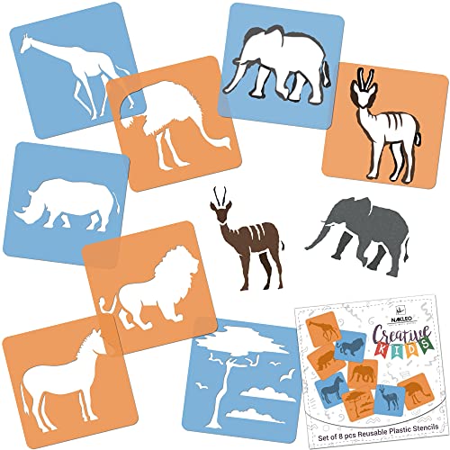 NAKLEO 8 Stück Zeichenschablonen für Kinder – 15 x 15 cm – Savanna-Tiere – wiederverwendbarer, waschbarer Kunststoff – Kunst- und Bastelvorlagen-Set – Malerei von Nakleo