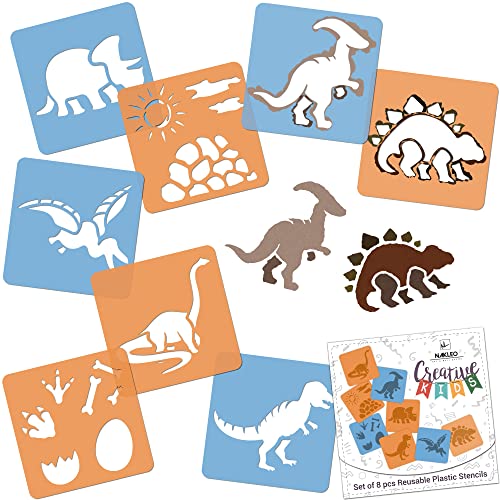 NAKLEO 8 Stück Zeichenschablonen für Kinder - 15x15cm (6x6 inch) - Dinosaurier - Wiederverwendbares waschbares Plastik - Kunst und Handwerk Schablonen Set - Malen von Nakleo