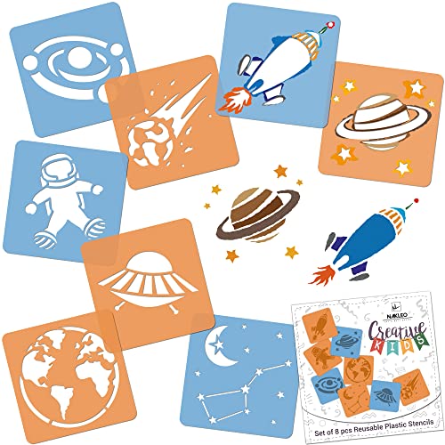 NAKLEO 8 Stück Zeichenschablonen für Kinder - 15x15cm (6x6 inch) - Kosmos - universum - Wiederverwendbares waschbares Plastik - Kunst und Handwerk Schablonen Set - Malen von Nakleo
