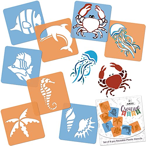 NAKLEO 8 Stück Zeichenschablonen für Kinder - 15x15cm (6x6 inch) - Meer - tiere - Wiederverwendbares waschbares Plastik - Kunst und Handwerk Schablonen Set - Malen von Nakleo