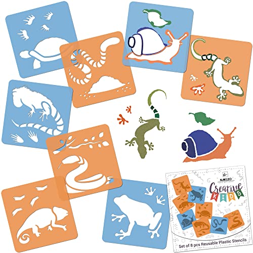 NAKLEO 8 Stück Zeichenschablonen für Kinder - 15x15cm (6x6 inch) - Reptilien - amphibien - Wiederverwendbares waschbares Plastik - Kunst und Handwerk Schablonen Set - Malen von Nakleo