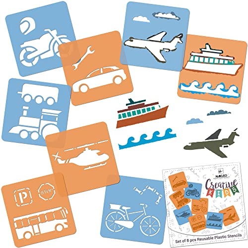 NAKLEO Schablonen Malen für Kinder, 8 Stück Set 15x15cm Transport Autos, Kinder Kreatives Zeichenschablonen, Kunststoff Wiederverwendbar Malschablone DIY Handwerk, Papier Wand Holz Stoff von Nakleo