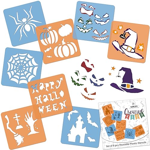 NAKLEO 8 Stück Zeichenschablonen für Kinder - 15x15cm - Halloween - Wiederverwendbares waschbares Plastik - Kunst und Handwerk Schablonen Set - Malen von Nakleo