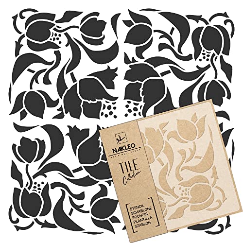 NAKLEO Fliesen Schablone zum Malen 20x20 cm, Art Nouveau Deco Blume Geometrisch, Kunststoff Wiederverwendbare Bodenschablone DIY, Holz Möbel Wand Dekoration von Nakleo