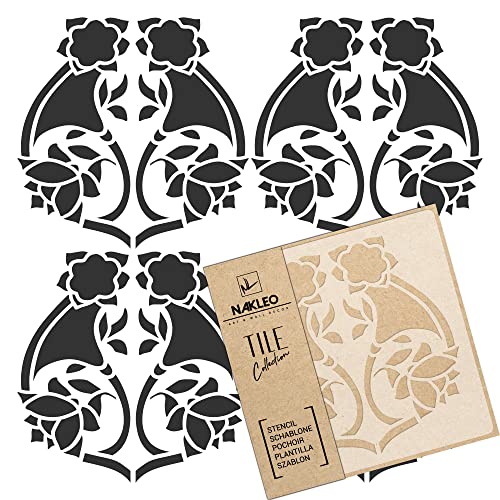 NAKLEO Fliesen Schablone zum Malen 20x20 cm, Art Nouveau Deco Blume Geometrisch, Kunststoff Wiederverwendbare Bodenschablone DIY, Holz Möbel Wand Dekoration von Nakleo