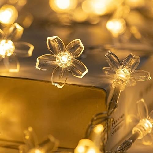 NLINIOZWN LED-Lichterkette mit Sternen, kleine dekorative Lichter für Geburtstag, Schlafzimmer, Dekoration (Kirschblüte, warme Farbe, 10 m, 80 Lichter blinken + Dauerbatterie) von NLINIOZWN
