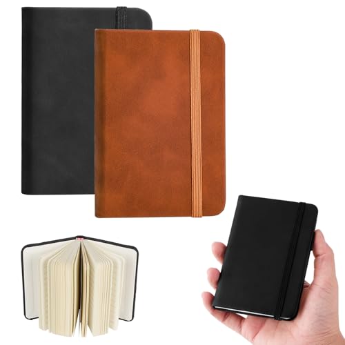 NLONLL 2 Stück Kleines Notizbuch A7 Notizblock Mini Notizbuch Klein 8 x 11 cm Pocket notizbuch mit Liniert 100 Seiten Taschennotizbuch Leder mit Gummizugverschluss für Reisen Schule (Schwarz,Braun) von NLONLL