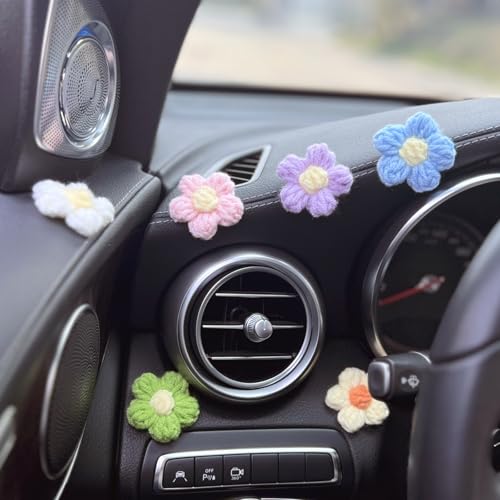 NMOHYDEU Häkelblumen Auto Innenzubehör Rückspiegel Dekorationen Set von 6 Handgemachte Strickblumen Auto Armaturenbrett Dekor für Frauen Mädchen von NMOHYDEU