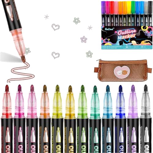 NNBWLMAEE Illuminateupon/Neattidyly Marker Pen for Highlight, Sakesfor Marker Pen, Double Line Outline Markers Pens, Outline Metallic Quick Dry Markers Pen, for Drawing and Scribbling (12 Pcs) von NNBWLMAEE
