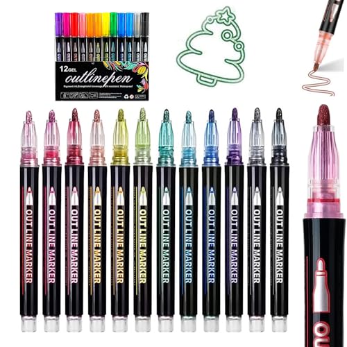 NNBWLMAEE Neattidyly Marker Pen for Highlight, Coloring Lightstick Graffiti Pen, Shimmer Markers Outline Glitter Gel Pens, Metallic Double Line Magische Stifte, for Drawing and Scribbling (12Colors) von NNBWLMAEE