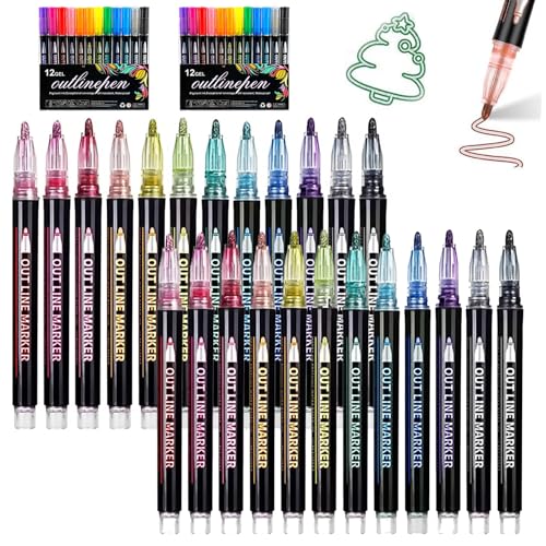 NNBWLMAEE Neattidyly Marker Pen for Highlight, Coloring Lightstick Graffiti Pen, Shimmer Markers Outline Glitter Gel Pens, Metallic Double Line Magische Stifte, for Drawing and Scribbling (2pcs*12) von NNBWLMAEE