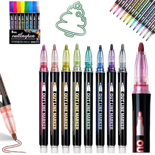 NNBWLMAEE Neattidyly Marker Pen for Highlight, Coloring Lightstick Graffiti Pen, Shimmer Markers Outline Glitter Gel Pens, Metallic Double Line Magische Stifte, for Drawing and Scribbling (8Colors) von NNBWLMAEE