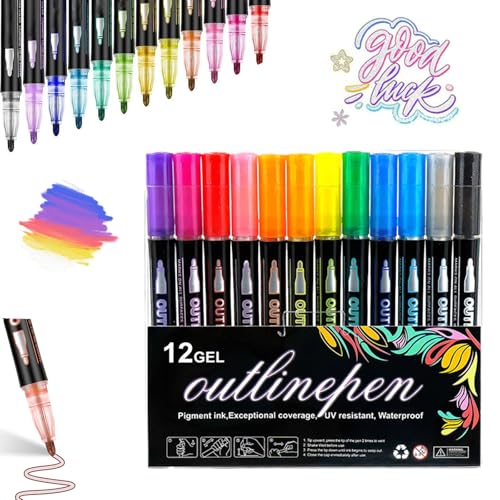NNBWLMAEE Neattidyly Outline Markers, Neattidyly Marker Pen zum Hervorheben, Doppellinien-Metallic-Marker, zum Zeichnen und Kritzeln, mit glänzendem Metallic (12PCS) von NNBWLMAEE