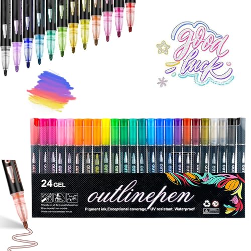 NNBWLMAEE Neattidyly Outline Markers, Neattidyly Marker Pen zum Hervorheben, Doppellinien-Metallic-Marker, zum Zeichnen und Kritzeln, mit glänzendem Metallic (24PCS) von NNBWLMAEE