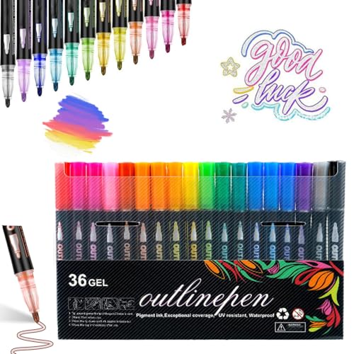 NNBWLMAEE Neattidyly Outline Markers, Neattidyly Marker Pen zum Hervorheben, Doppellinien-Metallic-Marker, zum Zeichnen und Kritzeln, mit glänzendem Metallic (36PCS) von NNBWLMAEE