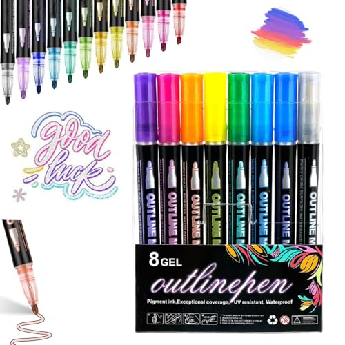 NNBWLMAEE Neattidyly Outline Markers, Neattidyly Marker Pen zum Hervorheben, Doppellinien-Metallic-Marker, zum Zeichnen und Kritzeln, mit glänzendem Metallic (8PCS) von NNBWLMAEE
