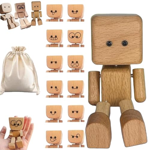 NNBWLMAEE Wackelnder Holzmann, Wackelfigur Auto, Handgefertigter Auto Armaturenbrett-Decor Mit Gesichtsausdrücke Ausdrücke, Charmante Kleine Holzfigur, Die Mit 12 Susdrücken Schwankt (A+12 Emoticons) von NNBWLMAEE