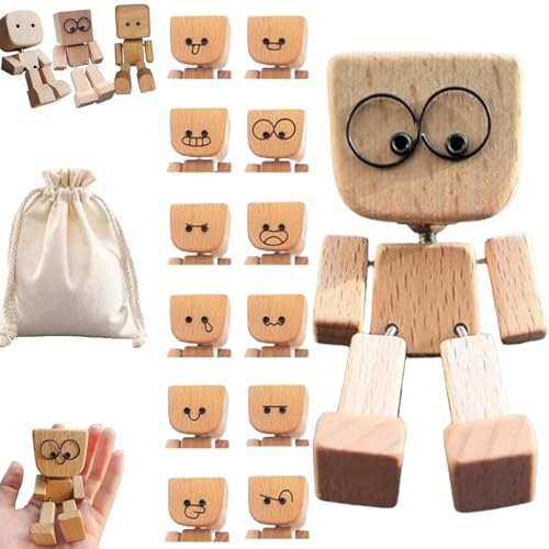 NNBWLMAEE Wackelnder Holzmann, Wackelfigur Auto, Handgefertigter Auto Armaturenbrett-Decor Mit Gesichtsausdrücke Ausdrücke, Charmante Kleine Holzfigur, Die Mit 12 Susdrücken Schwankt (B+12 Emoticons) von NNBWLMAEE
