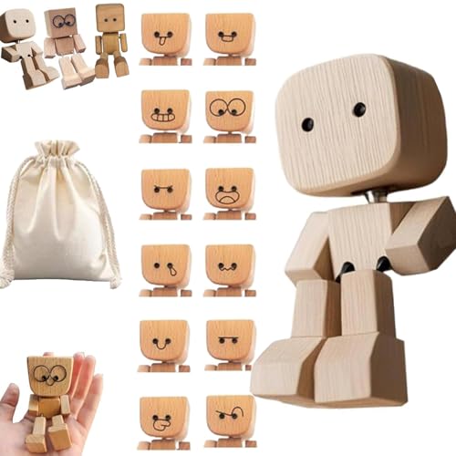 NNBWLMAEE Wackelnder Holzmann, Wackelfigur Auto, Handgefertigter Auto Armaturenbrett-Decor Mit Gesichtsausdrücke Ausdrücke, Charmante Kleine Holzfigur, Die Mit 12 Susdrücken Schwankt (C+12 Emoticons) von NNBWLMAEE