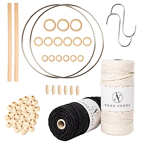 NOAH VERDE - Makramee Set für Anfänger mit Anleitung, Makramee Garn 3mm x 100m Schwarz und Beige, 100% Baumwolle, Makramee Zubehör, DIY Macrame Bastelset Erwachsene, Muttertag, Mutter Geschenk von NOAH VERDE
