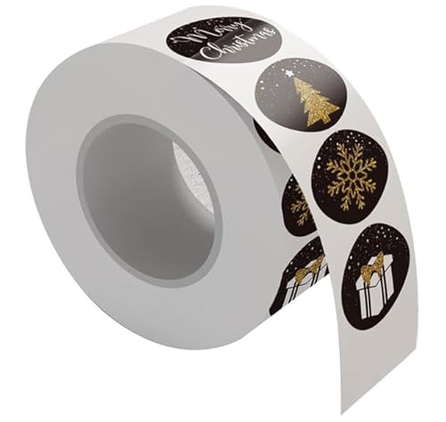 NOCHME 500 Weihnachts-Siegelaufkleber auf Rolle, 8 festliche Designs, 4 cm, runde Etiketten, Weihnachtsmann, Schneeflocke, Baum, Rentier zum Verpacken, Schwarz und Gold NOCHME 500 Weihnachts-Siegelaufkleber auf Rolle, 8 festliche Designs, 4 cm, runde Etiketten, Weihnachtsmann, Schneeflocke, Baum, Rentier zum Verpacken, Schwarz und Gold von NOCHME