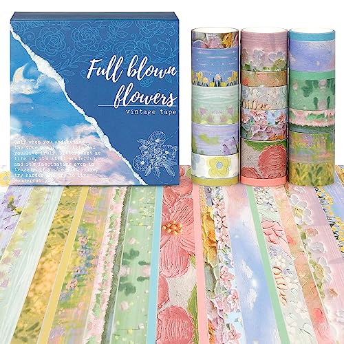 NOGAMOGA 20 Rollen Vintage Washi Tape Set, 0,2/0,4/0,6/0,8/1 in Breite Blumen dekorative Klebebänder für Journaling, Scrapbooking Supplies, Bullet Journals, Junk Journal, Diy Crafts (Blau) von NOGAMOGA