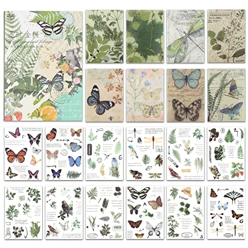 NOGAMOGA Scrapbooking/Journaling Aufkleber, 20 Vintage Washi Sticker Buch Dekorative Selbstklebend, 15,0 cm × 10,5 cm - Grün (Pflanzen und Schmetterlinge) von NOGAMOGA
