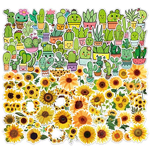 NOGAMOGA Set Sticker/Aufkleber mit Kaktus/Sonnenblume Motiven (100 Stück), Wasserflaschen Laptop Stickers, Wasserdichte Vinyl Aufkleber für Basteln, Scrapbook, Geschenke, Gepäck von NOGAMOGA