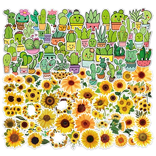 NOGAMOGA Set Sticker/Aufkleber mit Kaktus/Sonnenblume Motiven (100 Stück), Wasserflaschen Laptop Stickers, Wasserdichte Vinyl Aufkleber für Basteln, Scrapbook, Geschenke, Gepäck von NOGAMOGA