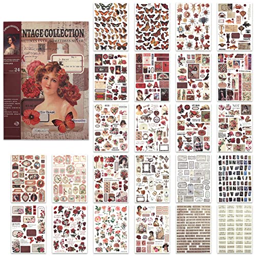 NOGAMOGA Vintage Washi Sticker für Scrapbooking, Journaling-Zubehör Ephemera Aufkleber Buch, Set mit 24 Blättern, 17 cm × 24 cm - Rot von NOGAMOGA