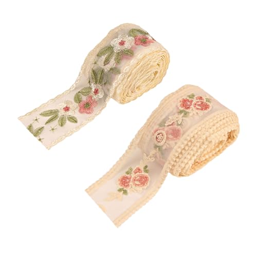 NOIAFZY Spitzenband mit rosa Blumen, bestickt, beige, 40 cm, Polyester, Spitzenstoff, Blumenapplikation, verziertes Spitzenband von NOIAFZY